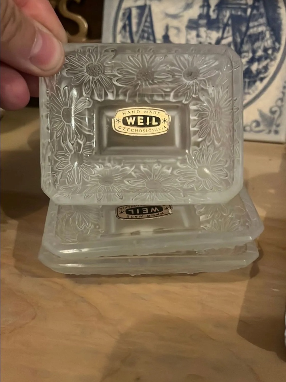 Vintage Barolac Weil Czechoslovakia Frosted Glass Sunflower Smoking dish
